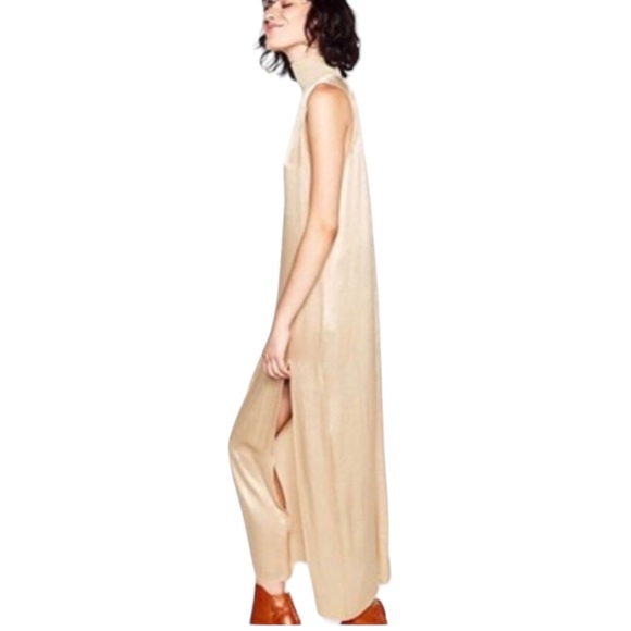 NWT Zara Light Gold Beige Satin High Neck Sleeveless Rayon Slip Maxi Dress - S - Picture 3 of 16